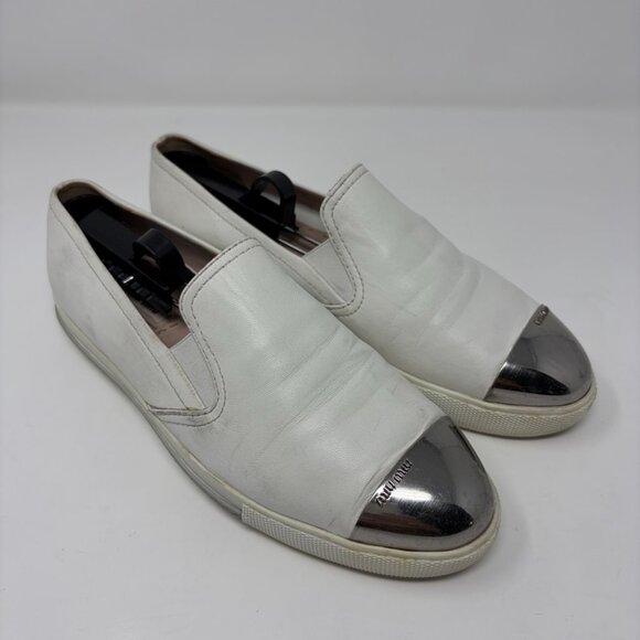 Miu Miu Metal Cap Toe Slip-On Sneakers Womens 38 1/2 - 8.5 US White Leather - Picture 1 of 13